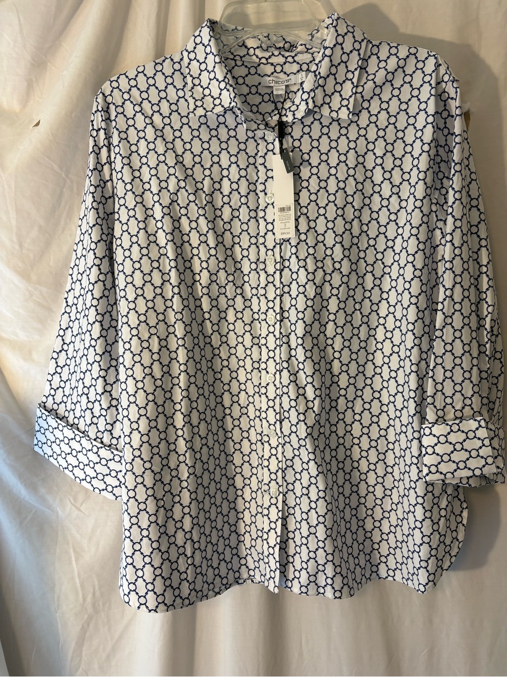 Chico's White Button-Down Shirt with Navy Geometric Chain Print